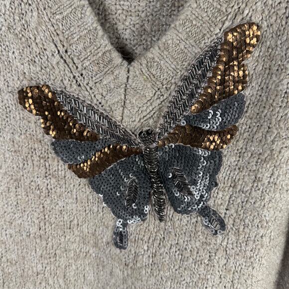 Zara Women's Tan Beige Alpaca Wool Knit Butterfly Sequin Beaded Sweater Top Sz M - Picture 2 of 9